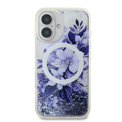 iPhone 16 Kılıf Guess Orjinal Lisanslı M-safe Şarj Özellikli Sıvılı Simli Çiçek Desenli Kılıf