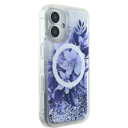 iPhone 16 Kılıf Guess Orjinal Lisanslı M-safe Şarj Özellikli Sıvılı Simli Çiçek Desenli Kılıf