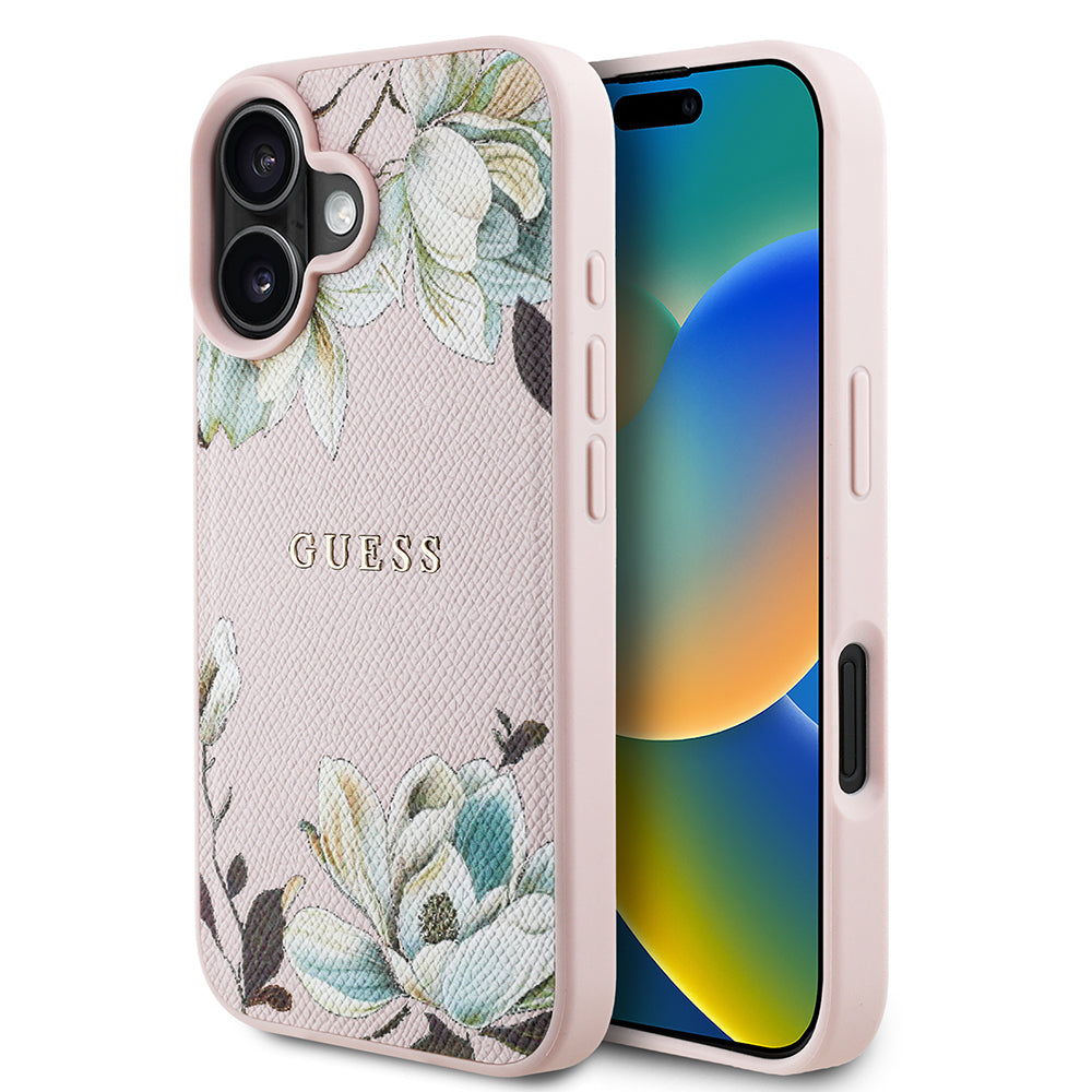 iPhone 16 Kılıf Guess Orjinal Lisanslı M-safe Şarj Özellikli Taneli Çiçek Tasarımlı Metal Yazı Logolu Kılıf
