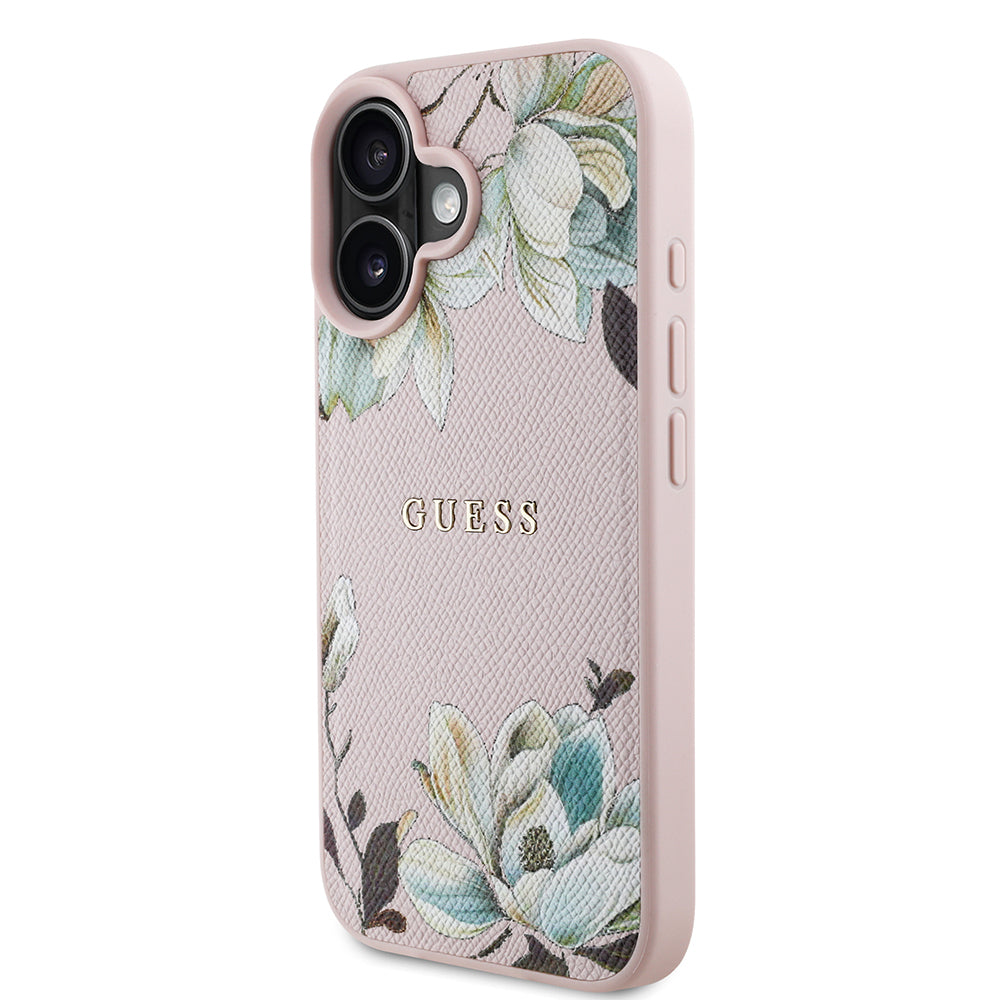 iPhone 16 Kılıf Guess Orjinal Lisanslı M-safe Şarj Özellikli Taneli Çiçek Tasarımlı Metal Yazı Logolu Kılıf