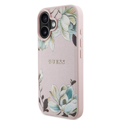 iPhone 16 Kılıf Guess Orjinal Lisanslı M-safe Şarj Özellikli Taneli Çiçek Tasarımlı Metal Yazı Logolu Kılıf