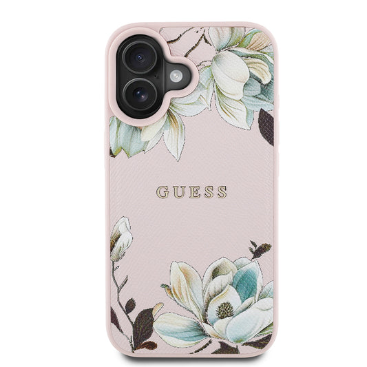 iPhone 16 Kılıf Guess Orjinal Lisanslı M-safe Şarj Özellikli Taneli Çiçek Tasarımlı Metal Yazı Logolu Kılıf