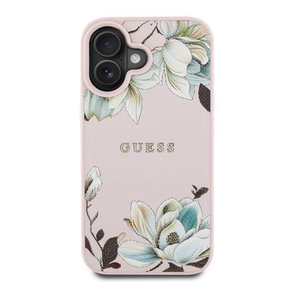 Apple iPhone 16 Kılıf Guess Orjinal Lisanslı M-safe Şarj Özellikli Taneli Çiçek Tasarımlı Metal Yazı Logolu Kapak Kırmızı