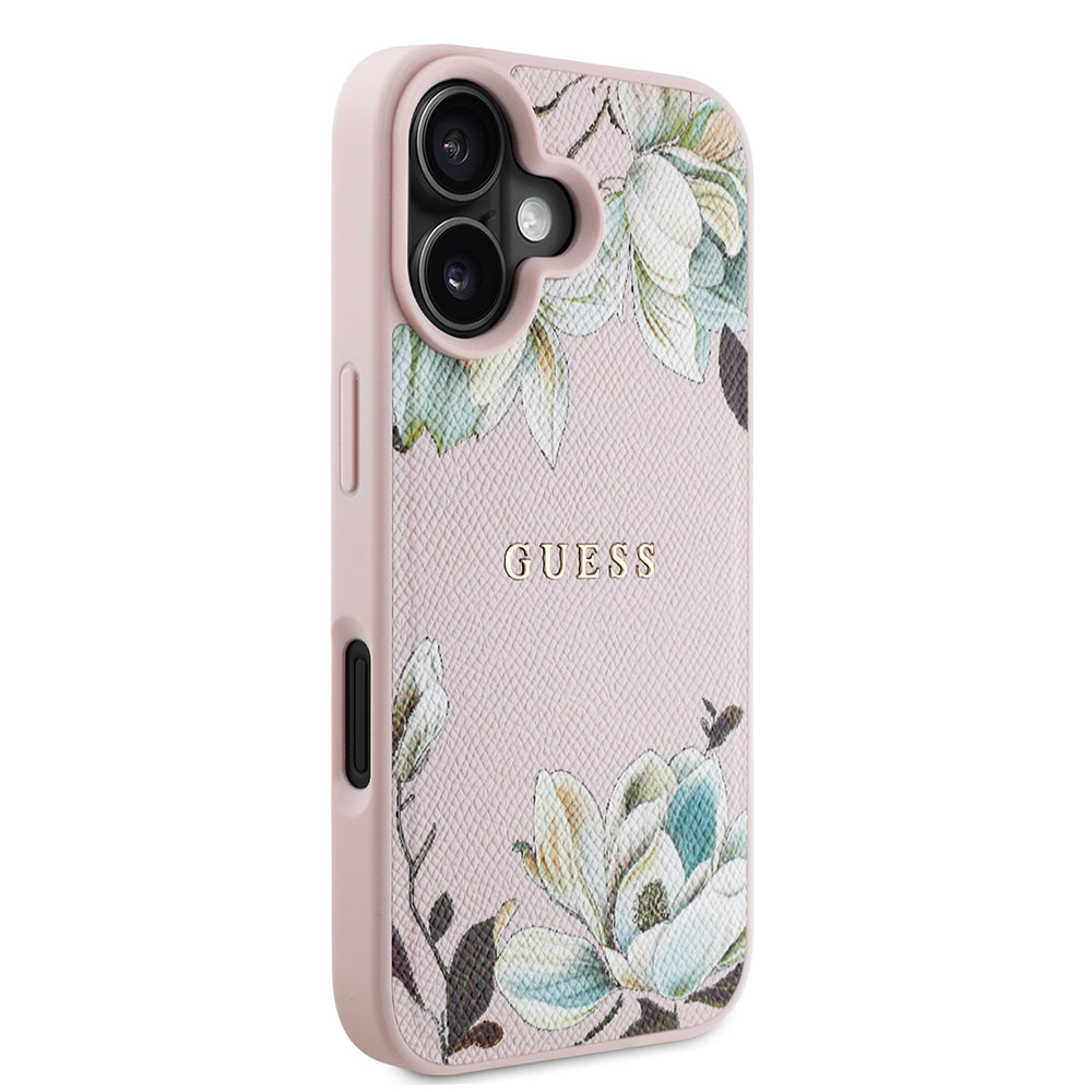 iPhone 16 Kılıf Guess Orjinal Lisanslı M-safe Şarj Özellikli Taneli Çiçek Tasarımlı Metal Yazı Logolu Kılıf