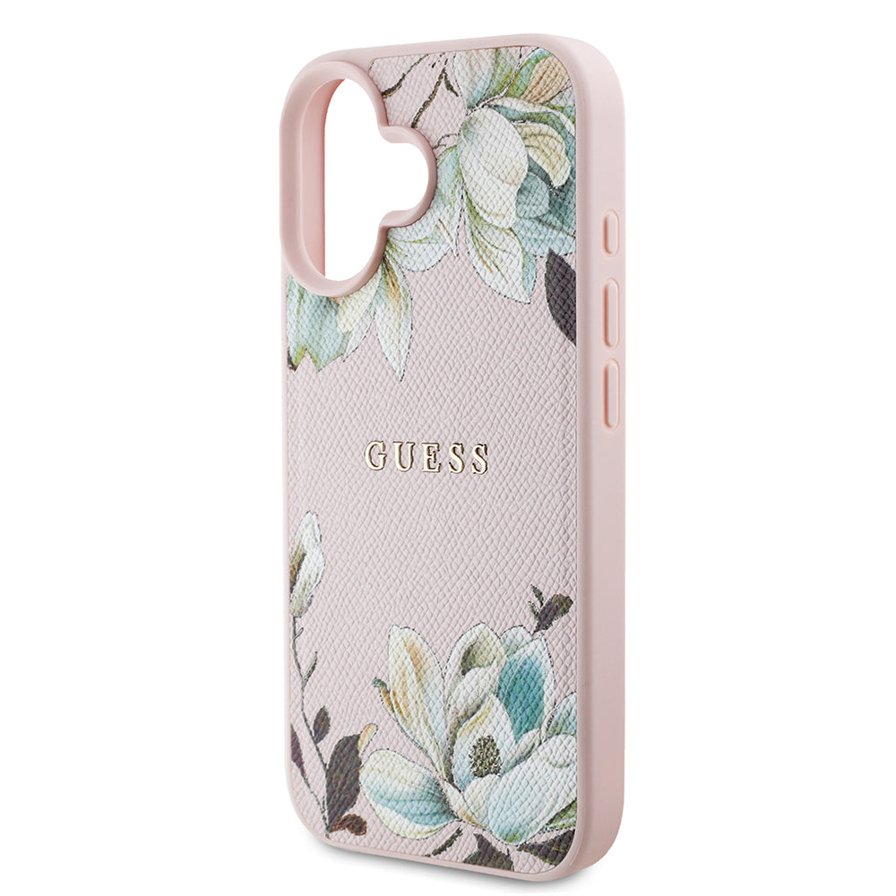 iPhone 16 Kılıf Guess Orjinal Lisanslı M-safe Şarj Özellikli Taneli Çiçek Tasarımlı Metal Yazı Logolu Kılıf