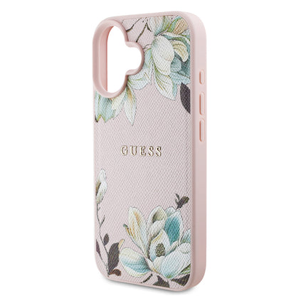 iPhone 16 Kılıf Guess Orjinal Lisanslı M-safe Şarj Özellikli Taneli Çiçek Tasarımlı Metal Yazı Logolu Kılıf