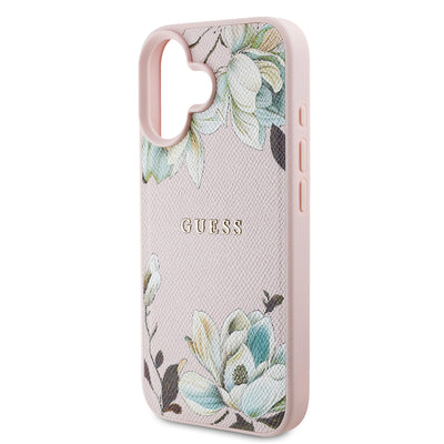 Apple iPhone 16 Kılıf Guess Orjinal Lisanslı M-safe Şarj Özellikli Taneli Çiçek Tasarımlı Metal Yazı Logolu Kapak Siyah