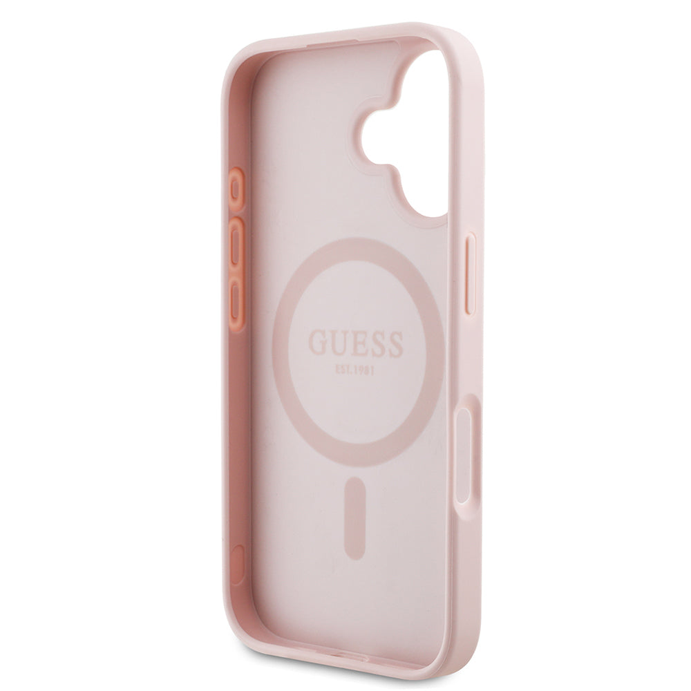 iPhone 16 Kılıf Guess Orjinal Lisanslı M-safe Şarj Özellikli Taneli Çiçek Tasarımlı Metal Yazı Logolu Kılıf