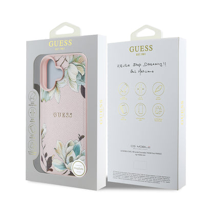 Apple iPhone 16 Kılıf Guess Orjinal Lisanslı M-safe Şarj Özellikli Taneli Çiçek Tasarımlı Metal Yazı Logolu Kapak Siyah
