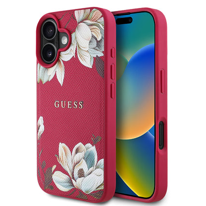 iPhone 16 Kılıf Guess Orjinal Lisanslı M-safe Şarj Özellikli Taneli Çiçek Tasarımlı Metal Yazı Logolu Kılıf