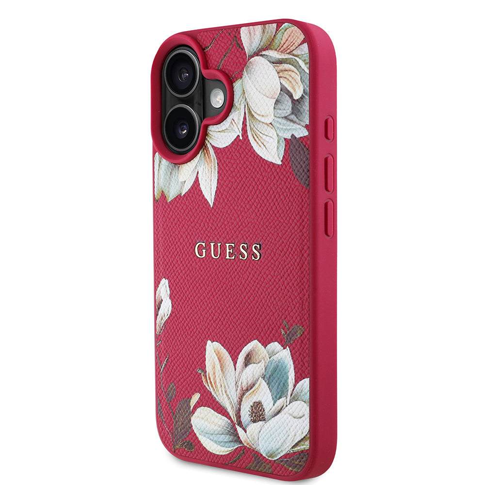 iPhone 16 Kılıf Guess Orjinal Lisanslı M-safe Şarj Özellikli Taneli Çiçek Tasarımlı Metal Yazı Logolu Kılıf