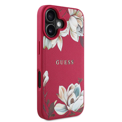 Apple iPhone 16 Kılıf Guess Orjinal Lisanslı M-safe Şarj Özellikli Taneli Çiçek Tasarımlı Metal Yazı Logolu Kapak Kırmızı
