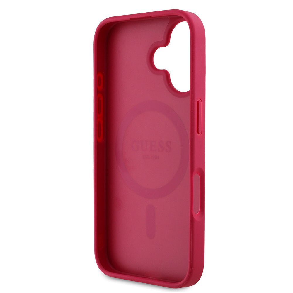iPhone 16 Kılıf Guess Orjinal Lisanslı M-safe Şarj Özellikli Taneli Çiçek Tasarımlı Metal Yazı Logolu Kılıf
