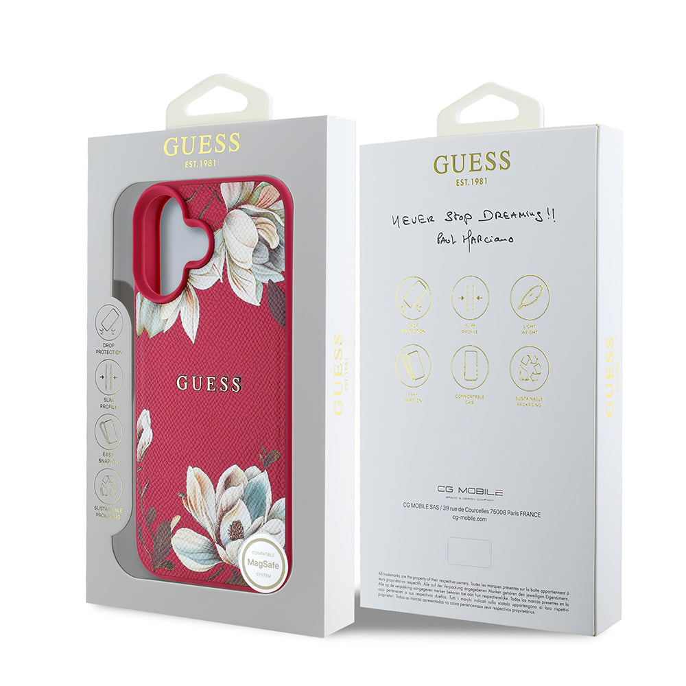 iPhone 16 Kılıf Guess Orjinal Lisanslı M-safe Şarj Özellikli Taneli Çiçek Tasarımlı Metal Yazı Logolu Kılıf