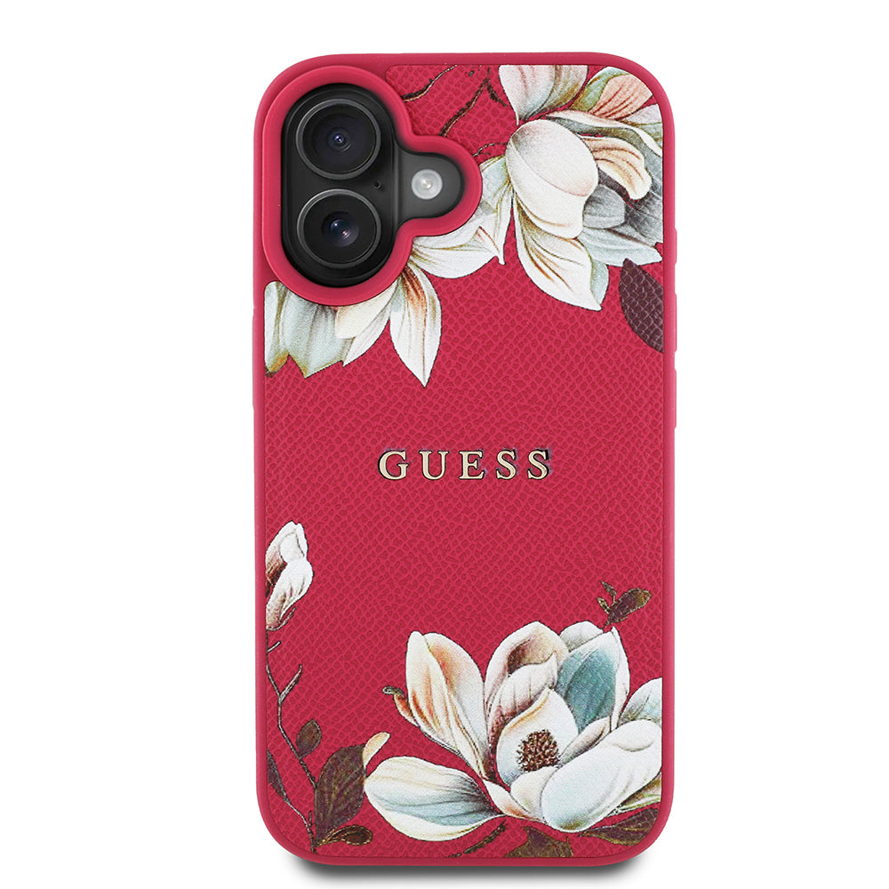 Apple iPhone 16 Kılıf Guess Orjinal Lisanslı M-safe Şarj Özellikli Taneli Çiçek Tasarımlı Metal Yazı Logolu Kapak Kırmızı