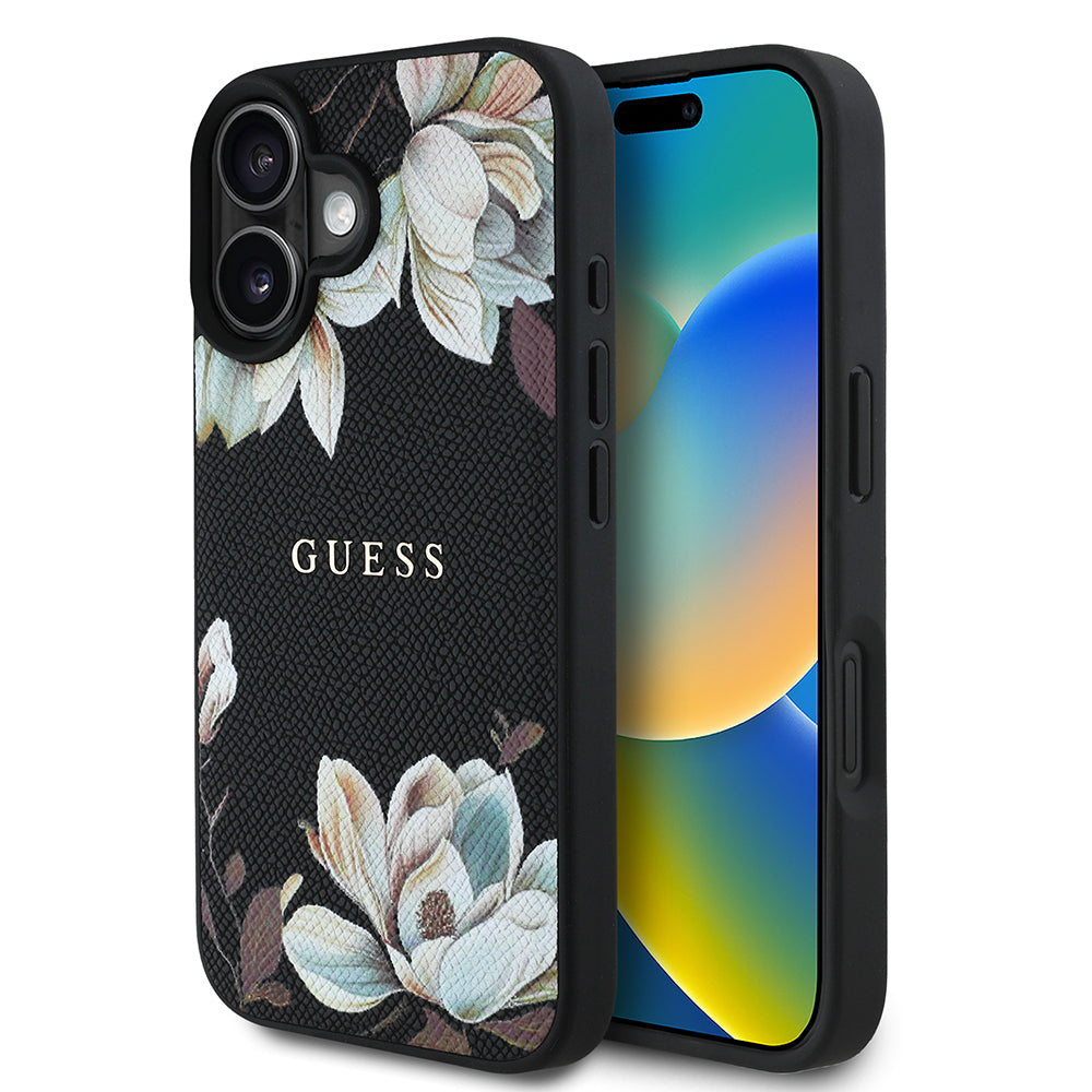 iPhone 16 Kılıf Guess Orjinal Lisanslı M-safe Şarj Özellikli Taneli Çiçek Tasarımlı Metal Yazı Logolu Kılıf