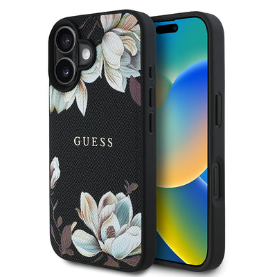 Apple iPhone 16 Kılıf Guess Orjinal Lisanslı M-safe Şarj Özellikli Taneli Çiçek Tasarımlı Metal Yazı Logolu Kapak Kırmızı