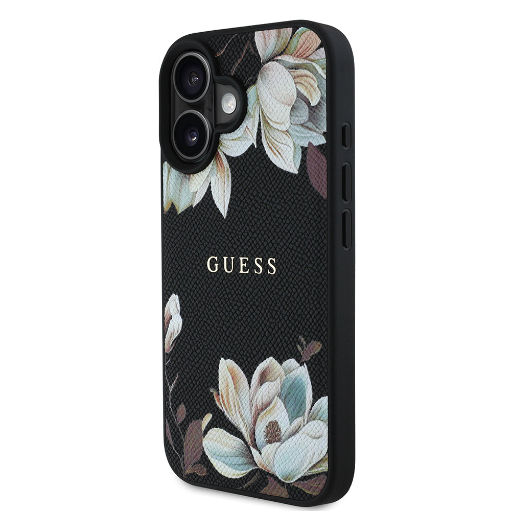 Apple iPhone 16 Kılıf Guess Orjinal Lisanslı M-safe Şarj Özellikli Taneli Çiçek Tasarımlı Metal Yazı Logolu Kapak Kırmızı