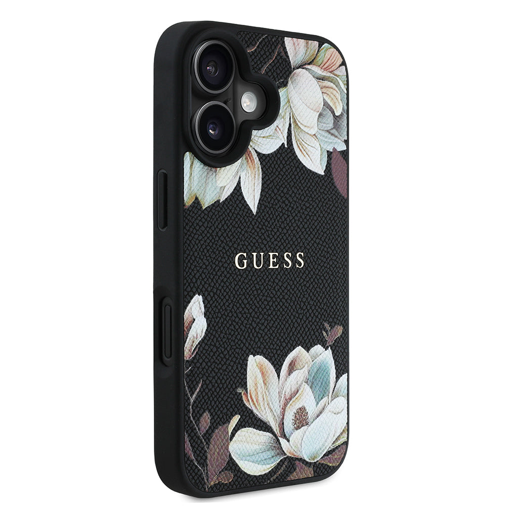 iPhone 16 Kılıf Guess Orjinal Lisanslı M-safe Şarj Özellikli Taneli Çiçek Tasarımlı Metal Yazı Logolu Kılıf