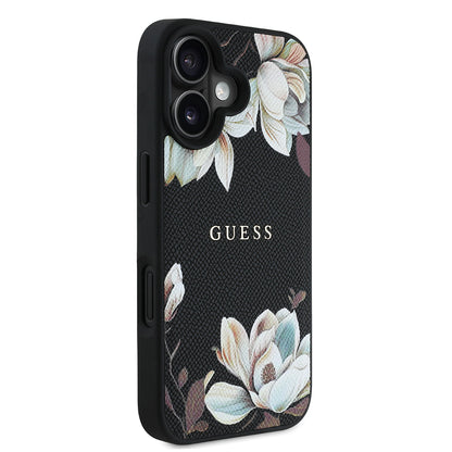 iPhone 16 Kılıf Guess Orjinal Lisanslı M-safe Şarj Özellikli Taneli Çiçek Tasarımlı Metal Yazı Logolu Kılıf