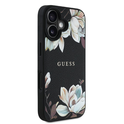 Apple iPhone 16 Kılıf Guess Orjinal Lisanslı M-safe Şarj Özellikli Taneli Çiçek Tasarımlı Metal Yazı Logolu Kapak Kırmızı