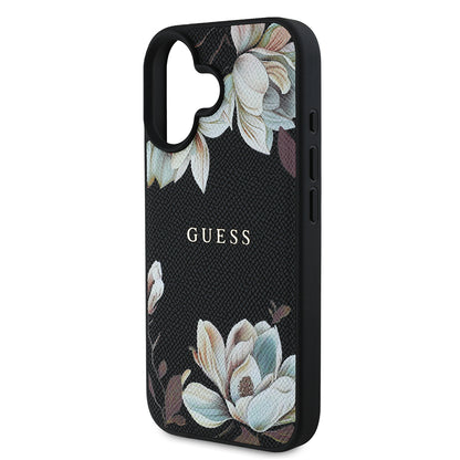 iPhone 16 Kılıf Guess Orjinal Lisanslı M-safe Şarj Özellikli Taneli Çiçek Tasarımlı Metal Yazı Logolu Kılıf