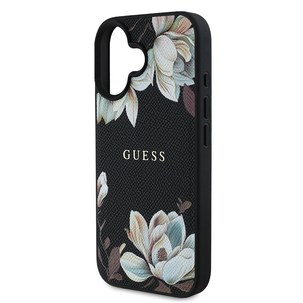 Apple iPhone 16 Kılıf Guess Orjinal Lisanslı M-safe Şarj Özellikli Taneli Çiçek Tasarımlı Metal Yazı Logolu Kapak Siyah