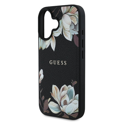 Apple iPhone 16 Kılıf Guess Orjinal Lisanslı M-safe Şarj Özellikli Taneli Çiçek Tasarımlı Metal Yazı Logolu Kapak Siyah