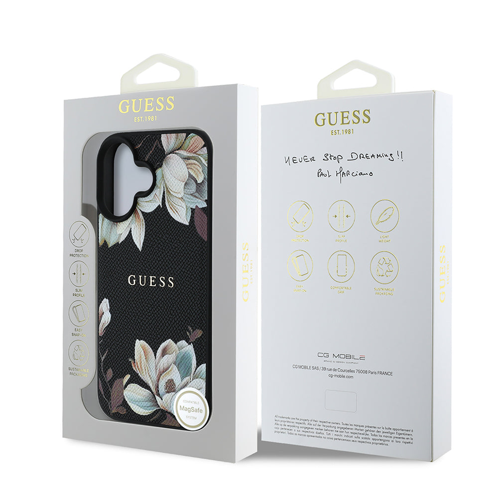 iPhone 16 Kılıf Guess Orjinal Lisanslı M-safe Şarj Özellikli Taneli Çiçek Tasarımlı Metal Yazı Logolu Kılıf