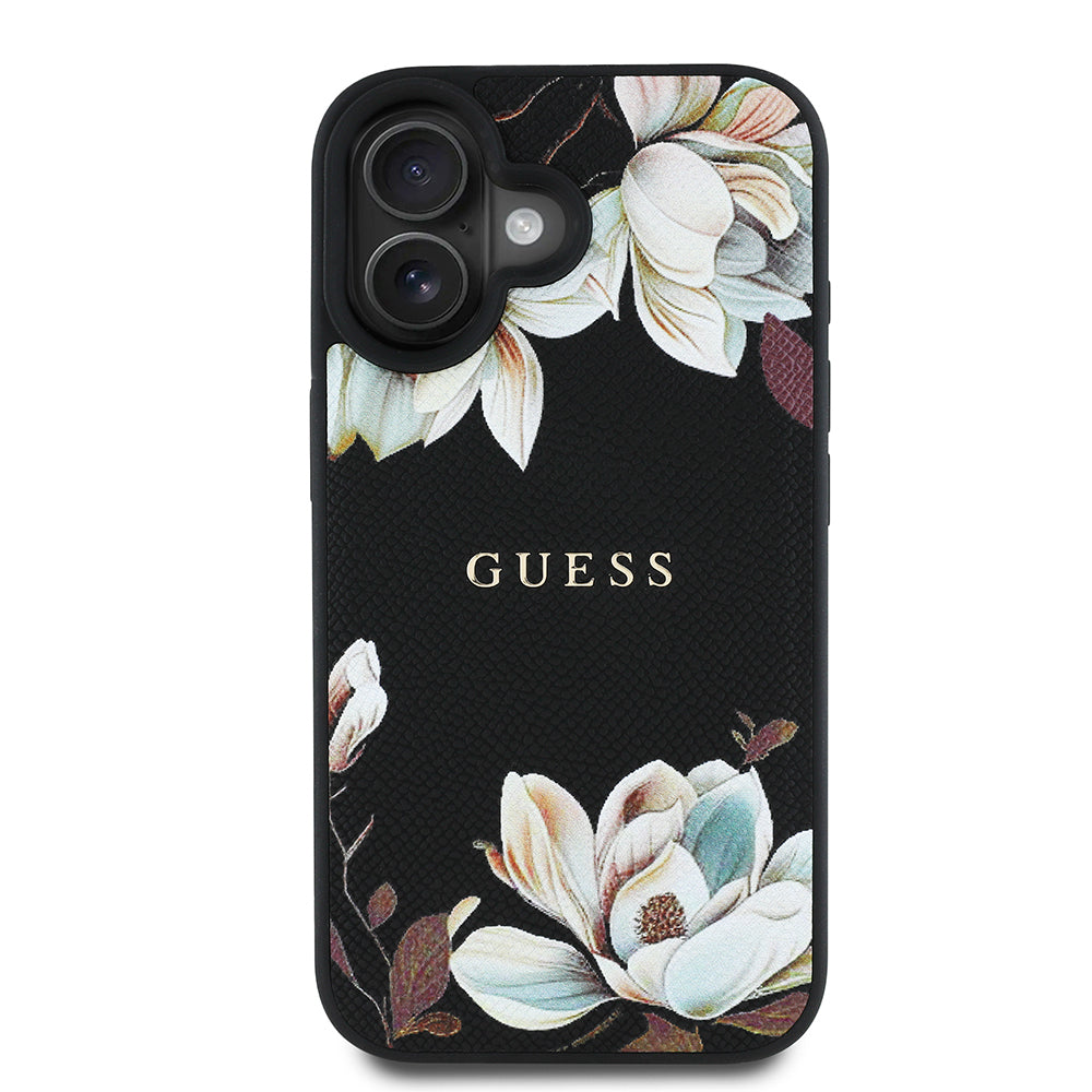 iPhone 16 Kılıf Guess Orjinal Lisanslı M-safe Şarj Özellikli Taneli Çiçek Tasarımlı Metal Yazı Logolu Kılıf