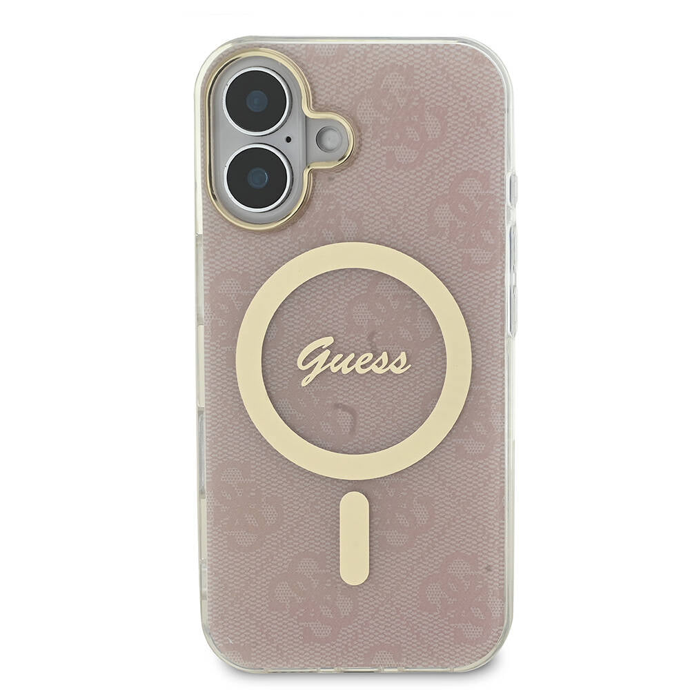 Apple iPhone 16 Kılıf Guess Orjinal Lisanslı Magsafe Şarj Özellikli Yazı Logolu 4G Desenli Kapak Pembe