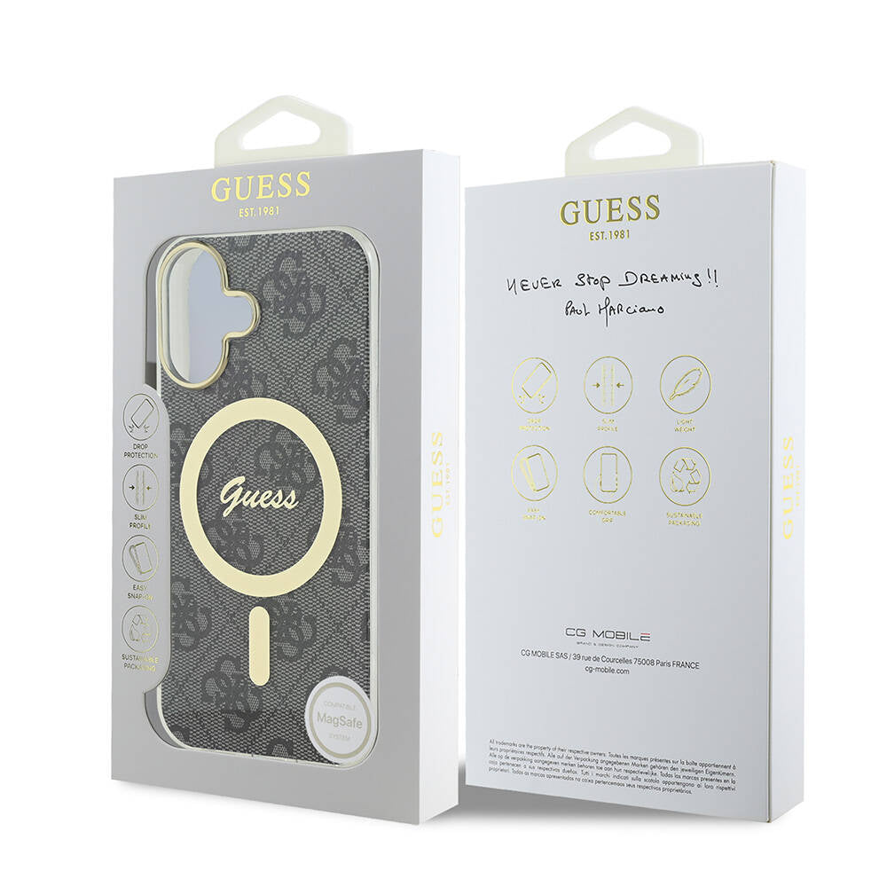 iPhone 16 Kılıf Guess Orjinal Lisanslı M-safe Şarj Özellikli Yazı Logolu 4G Desenli Kılıf