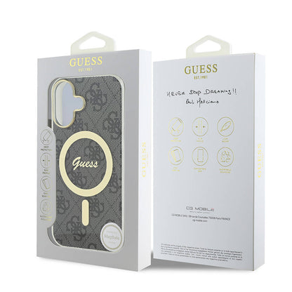 iPhone 16 Kılıf Guess Orjinal Lisanslı M-safe Şarj Özellikli Yazı Logolu 4G Desenli Kılıf