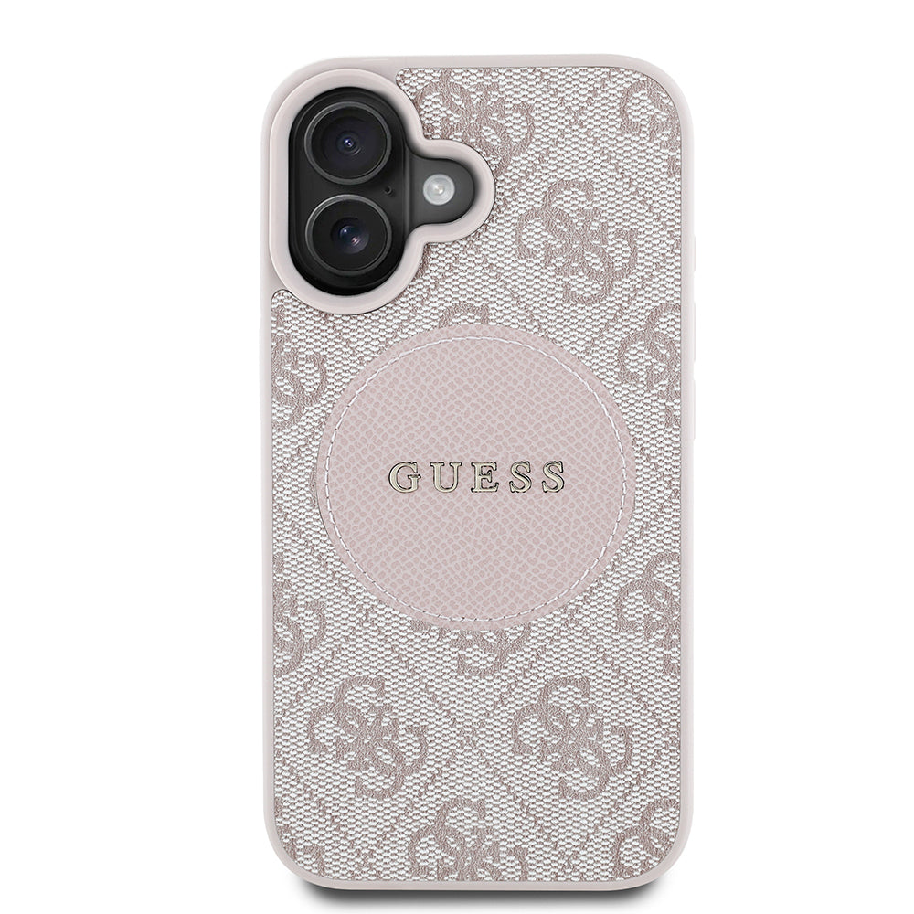 Apple iPhone 16 Kılıf Guess Orjinal Lisanslı M-safe Şarj Özellikli Yazı Logolu Circle Classic Kapak Pembe