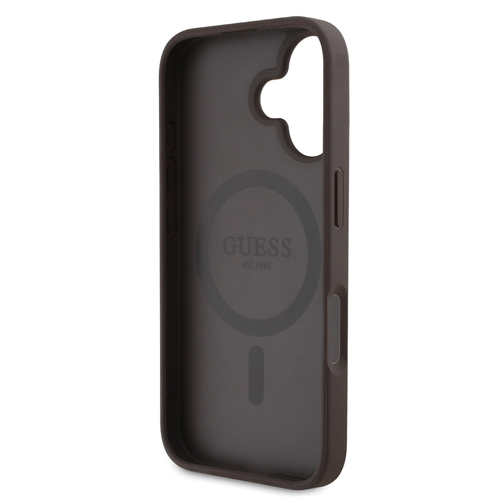 Apple iPhone 16 Kılıf Guess Orjinal Lisanslı M-safe Şarj Özellikli Yazı Logolu Circle Classic Kapak Kahverengi