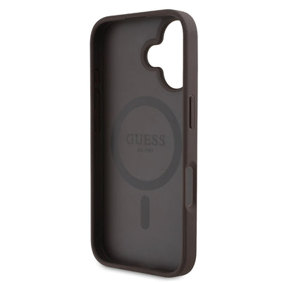 Apple iPhone 16 Kılıf Guess Orjinal Lisanslı M-safe Şarj Özellikli Yazı Logolu Circle Classic Kapak Kahverengi