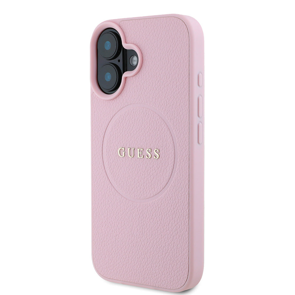 Apple iPhone 16 Kılıf Guess Orjinal Lisanslı Magsafe Şarj Özellikli Yazı Logolu Grained Kapak Pembe