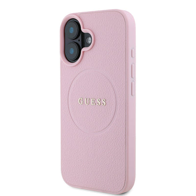 Apple iPhone 16 Kılıf Guess Orjinal Lisanslı Magsafe Şarj Özellikli Yazı Logolu Grained Kapak Pembe
