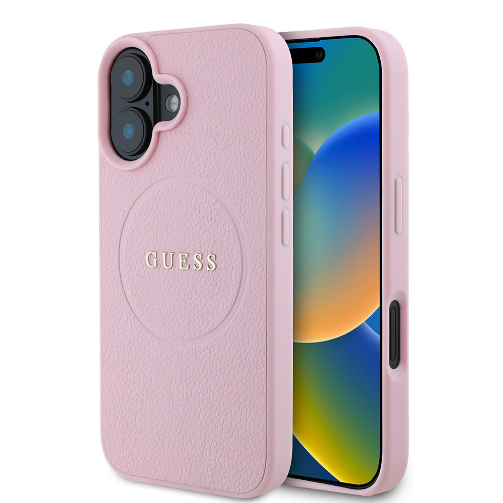 Apple iPhone 16 Kılıf Guess Orjinal Lisanslı Magsafe Şarj Özellikli Yazı Logolu Grained Kapak Pembe