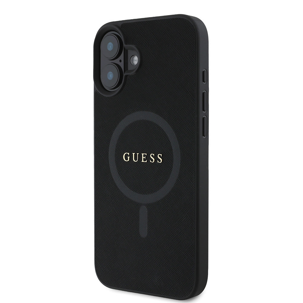 Apple iPhone 16 Kılıf Guess Orjinal Lisanslı Magsafe Şarj Özellikli Yazı Logolu Saffiano Classic Kapak Siyah