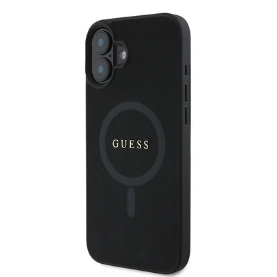 Apple iPhone 16 Kılıf Guess Orjinal Lisanslı Magsafe Şarj Özellikli Yazı Logolu Saffiano Classic Kapak Siyah