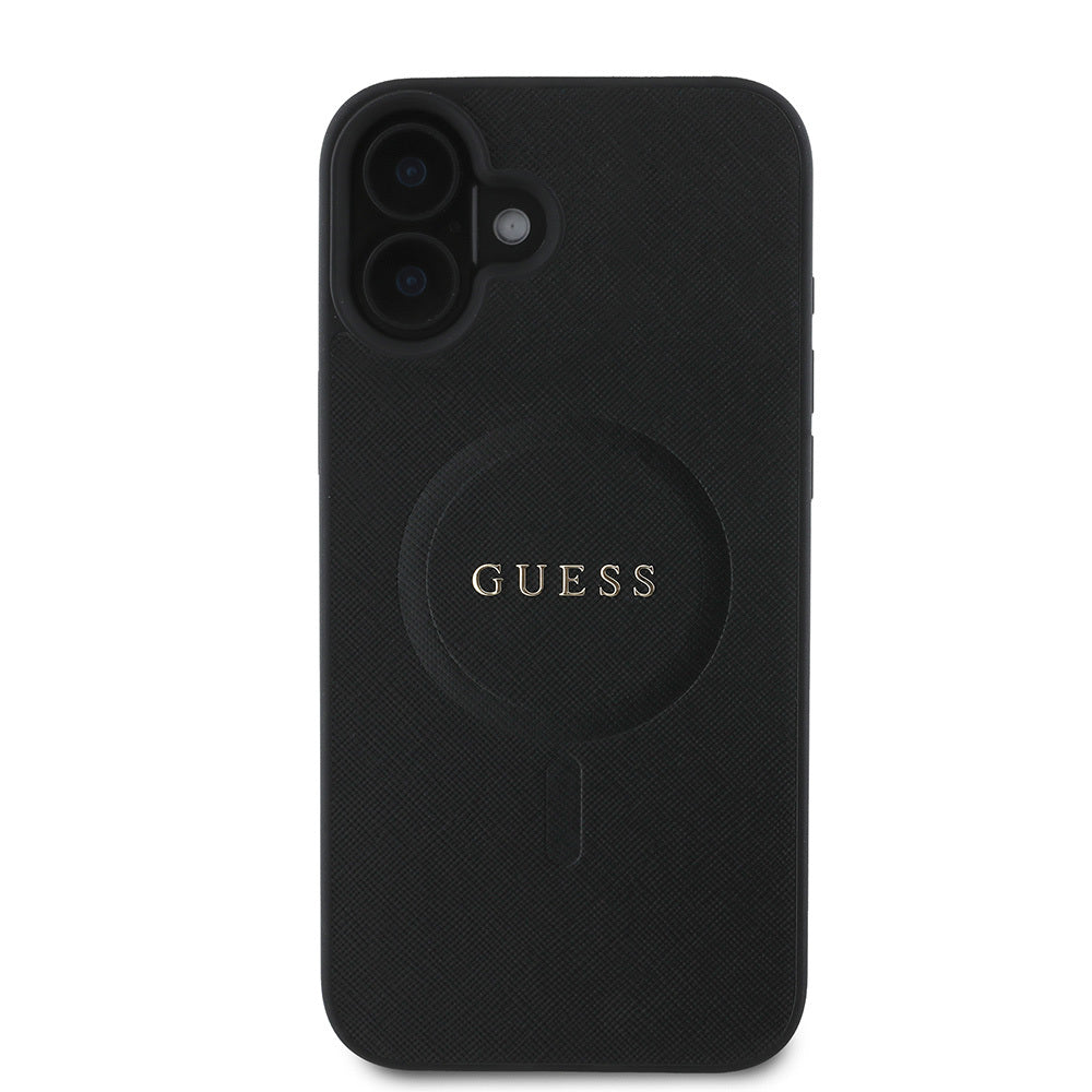 Apple iPhone 16 Kılıf Guess Orjinal Lisanslı Magsafe Şarj Özellikli Yazı Logolu Saffiano Classic Kapak Siyah