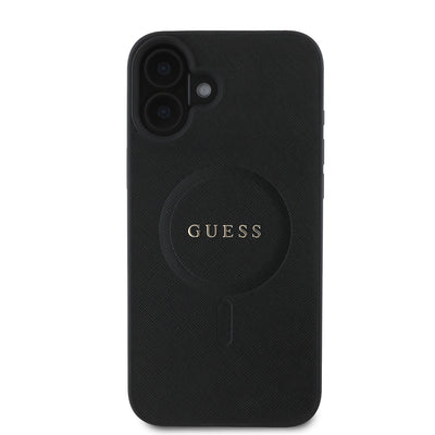 Apple iPhone 16 Kılıf Guess Orjinal Lisanslı Magsafe Şarj Özellikli Yazı Logolu Saffiano Classic Kapak Siyah