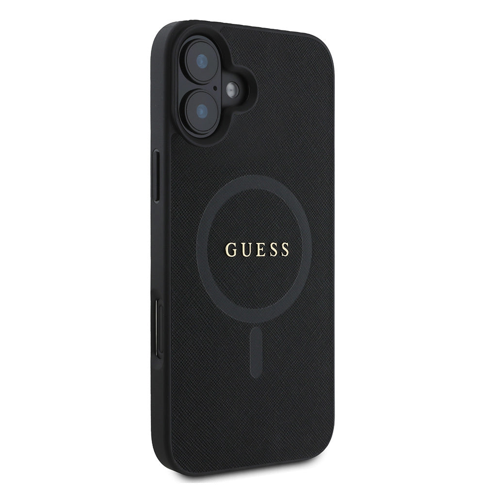 Apple iPhone 16 Kılıf Guess Orjinal Lisanslı Magsafe Şarj Özellikli Yazı Logolu Saffiano Classic Kapak Siyah