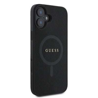 Apple iPhone 16 Kılıf Guess Orjinal Lisanslı Magsafe Şarj Özellikli Yazı Logolu Saffiano Classic Kapak Siyah