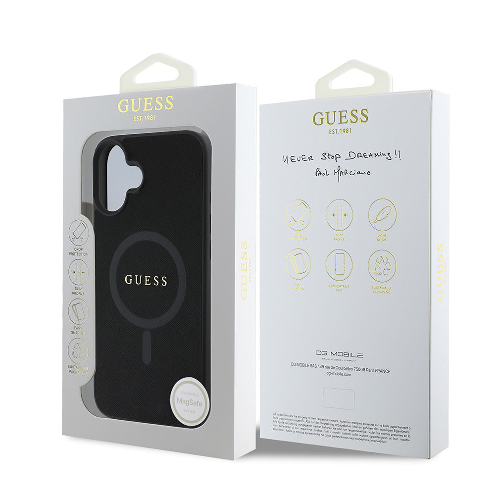 Apple iPhone 16 Kılıf Guess Orjinal Lisanslı Magsafe Şarj Özellikli Yazı Logolu Saffiano Classic Kapak