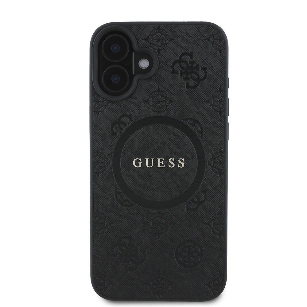 Apple iPhone 16 Kılıf Guess Orjinal Lisanslı Magsafe Şarj Özellikli Yazı Logolu Saffiano Peony Kapak Siyah