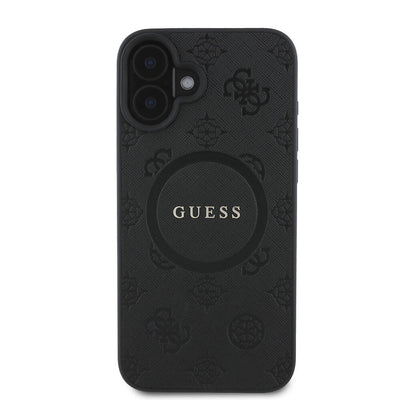 Apple iPhone 16 Kılıf Guess Orjinal Lisanslı Magsafe Şarj Özellikli Yazı Logolu Saffiano Peony Kapak Siyah