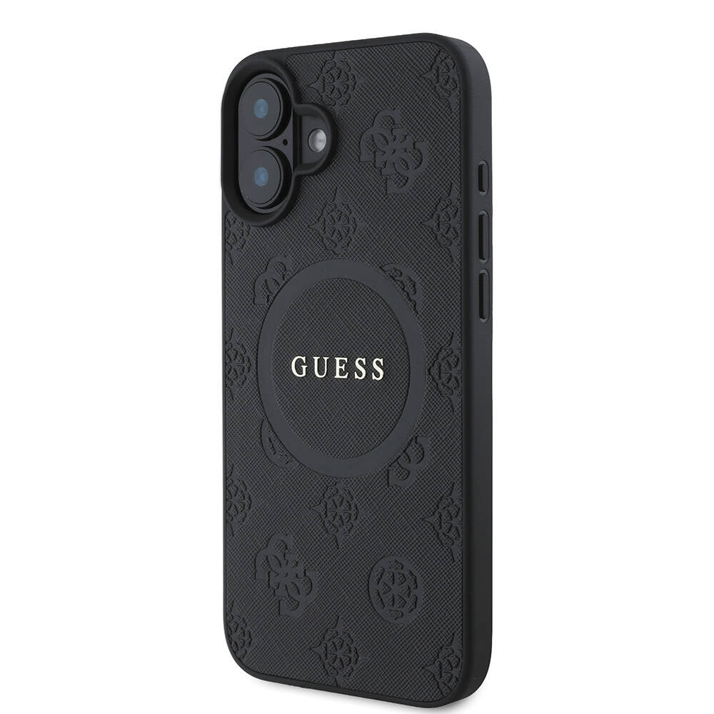 Apple iPhone 16 Kılıf Guess Orjinal Lisanslı Magsafe Şarj Özellikli Yazı Logolu Saffiano Peony Kapak Siyah