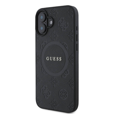 Apple iPhone 16 Kılıf Guess Orjinal Lisanslı Magsafe Şarj Özellikli Yazı Logolu Saffiano Peony Kapak Siyah